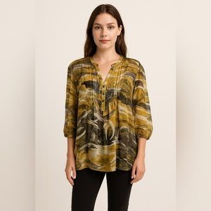 Nicole Miller Women’s XL Pintuck Watercolor Tunic Blouse Sheer Boho Lagenlook